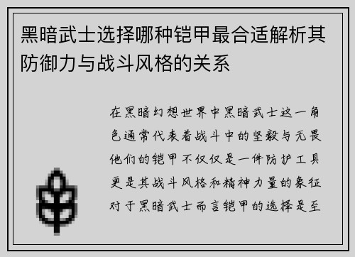 黑暗武士选择哪种铠甲最合适解析其防御力与战斗风格的关系