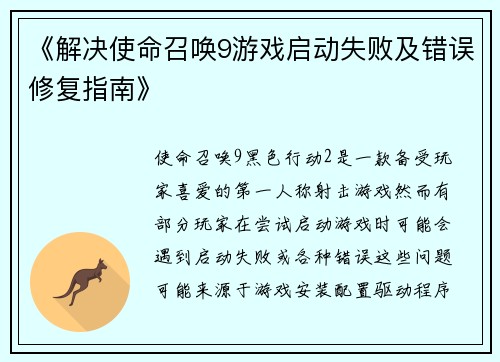 《解决使命召唤9游戏启动失败及错误修复指南》